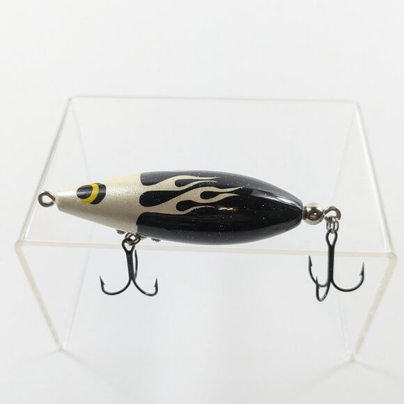 Unmarked Wooden Fishing Lure 4" Painted Silver Black Hotrod Flames Tackle - Picture 1 of 4